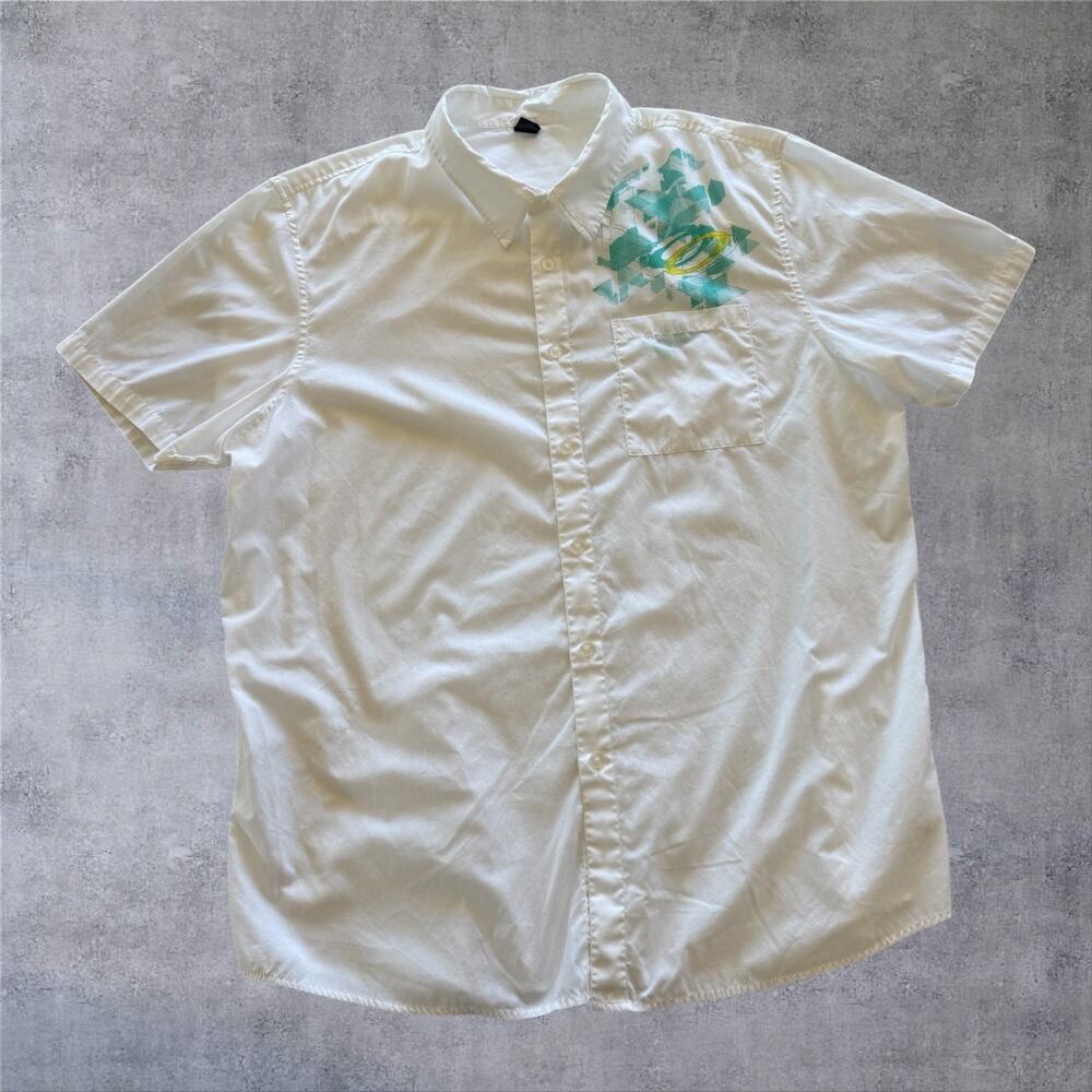 Oakley Mens XXL Button Up Shirt White Short Sleeve Graphic Geometric Logo Y2K